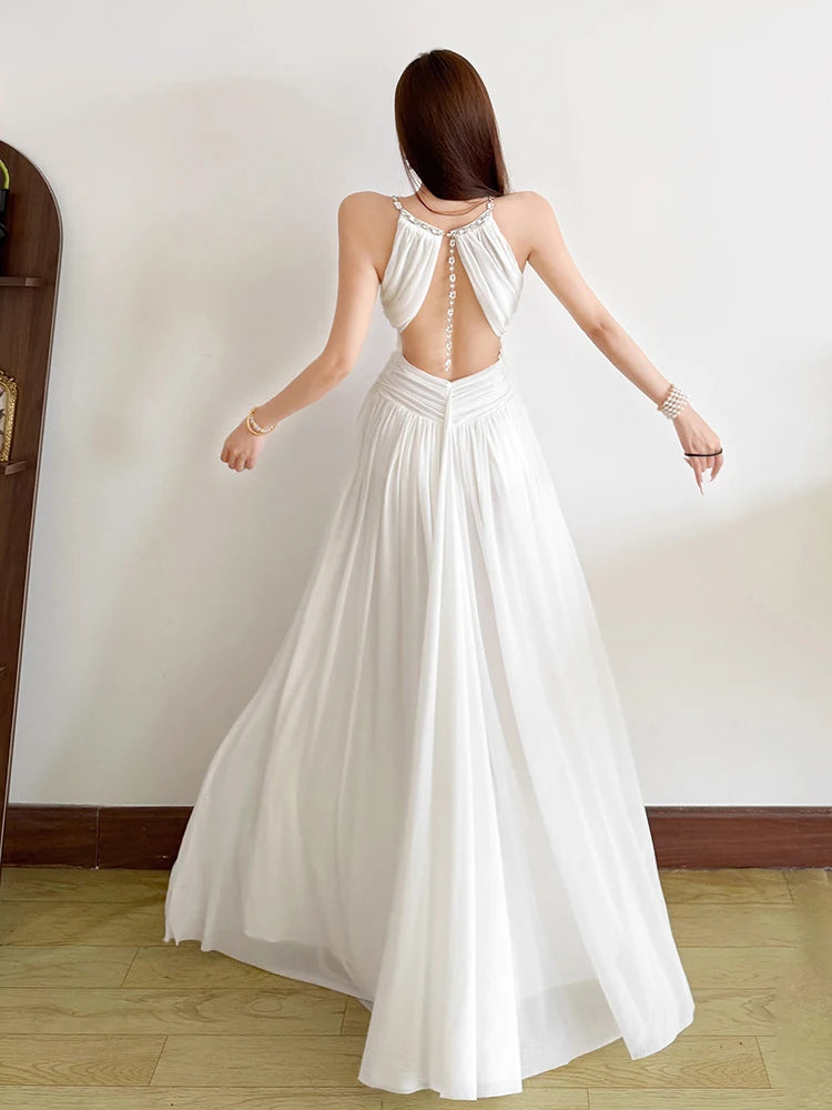 Backless Maxi Dress Women Beaded Chain Folds Sleeveless o-Neck Elegant Birthday Party Vacation Summer Trend Vestidos