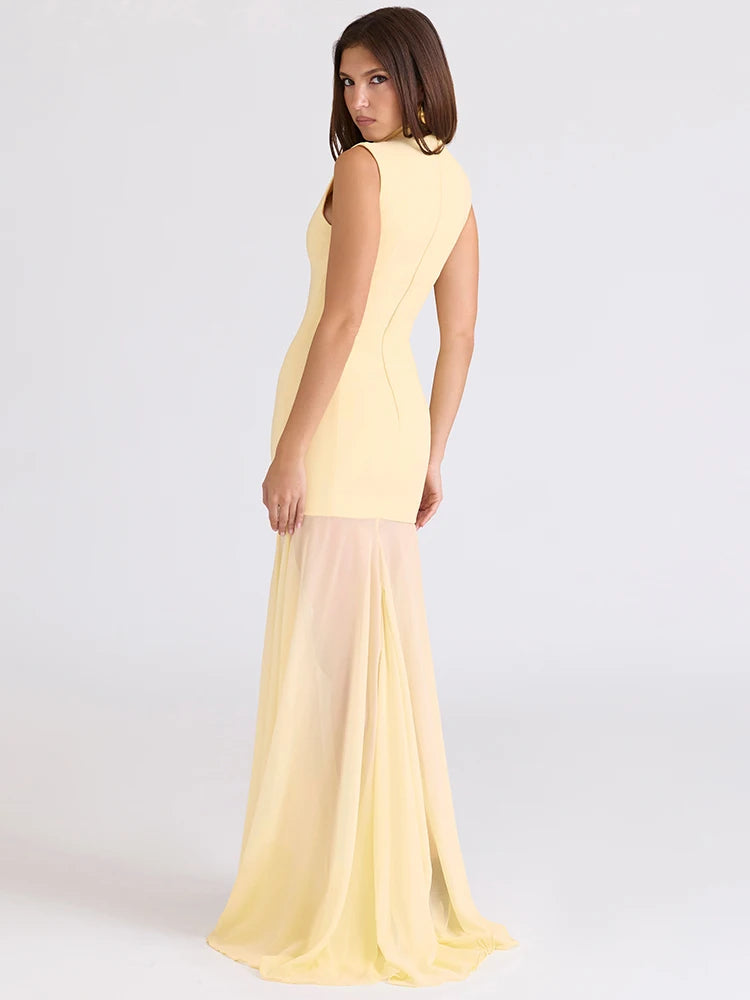 Hollow Out Sleeveless Sexy Maxi Dress Women Gown Elegant Half High Collar High Waist Bodycon Club Party Long Dresses