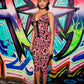 Art Print 2 Piece Set Woman Low-Neck Backless Single-Breasted Camisole Tops+Skinny Peach Hip Crop Pants Sexy Suits