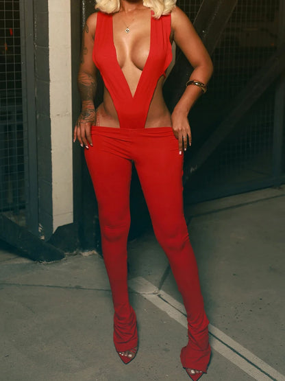 Sexy Sweatsuits 2-Piece Set Women Deep V-Neck Sleeveless Bodysuit+Leggings Matching Street Midnight Clubwear Outfits