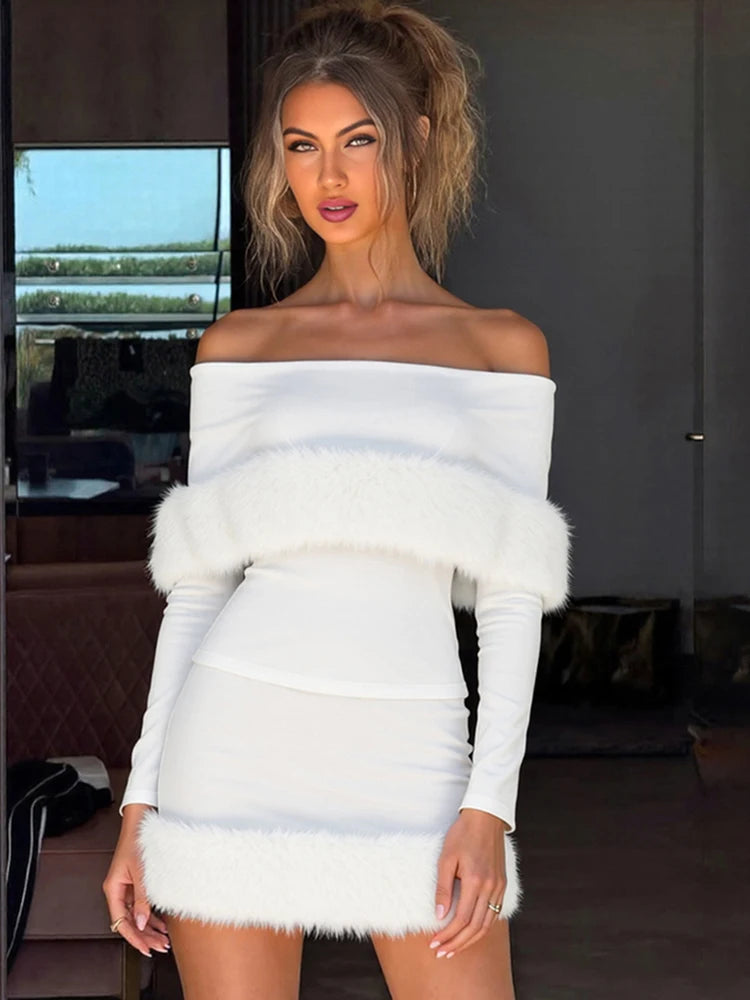 Plush Patchwork 2-Piece Set Women Slash Neck Long Sleeve t-Shirts+Elastic Waist Skirts Winter Trend Fashion Elegant Suits