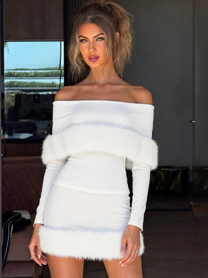 Plush Patchwork 2-Piece Set Women Slash Neck Long Sleeve t-Shirts+Elastic Waist Skirts Winter Trend Fashion Elegant Suits