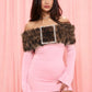 Leopard Furry Patchwork Mini Dress Woman Fake Diamonds Decoration Slash Neck Full Sleeve Backless Fashion Bodycon