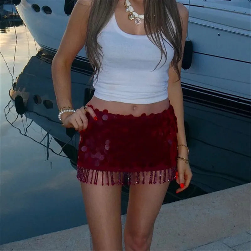 Tassels Sequins Mini Skirt Sexy Women Bodycon A-line Mini Skirt Summer Glitter Lady Party Club Dress Y2K Streetwear
