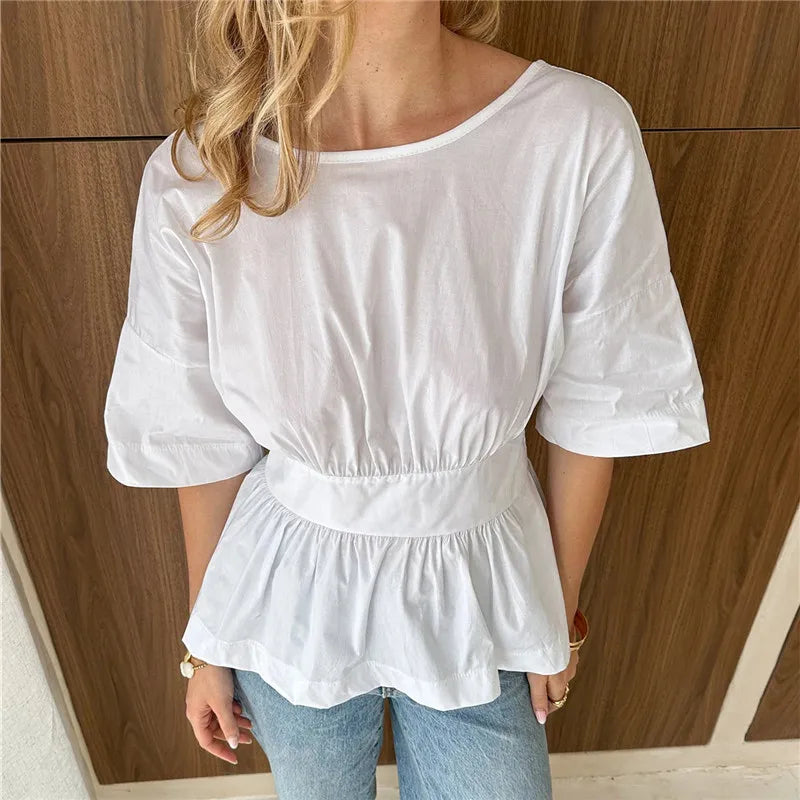 Backless Bow Tie Waist Ruffle Hem Top Women Short Sleeve Crew Neck Peplum Blouse Y2K Casual Summer Party Club Streetwear