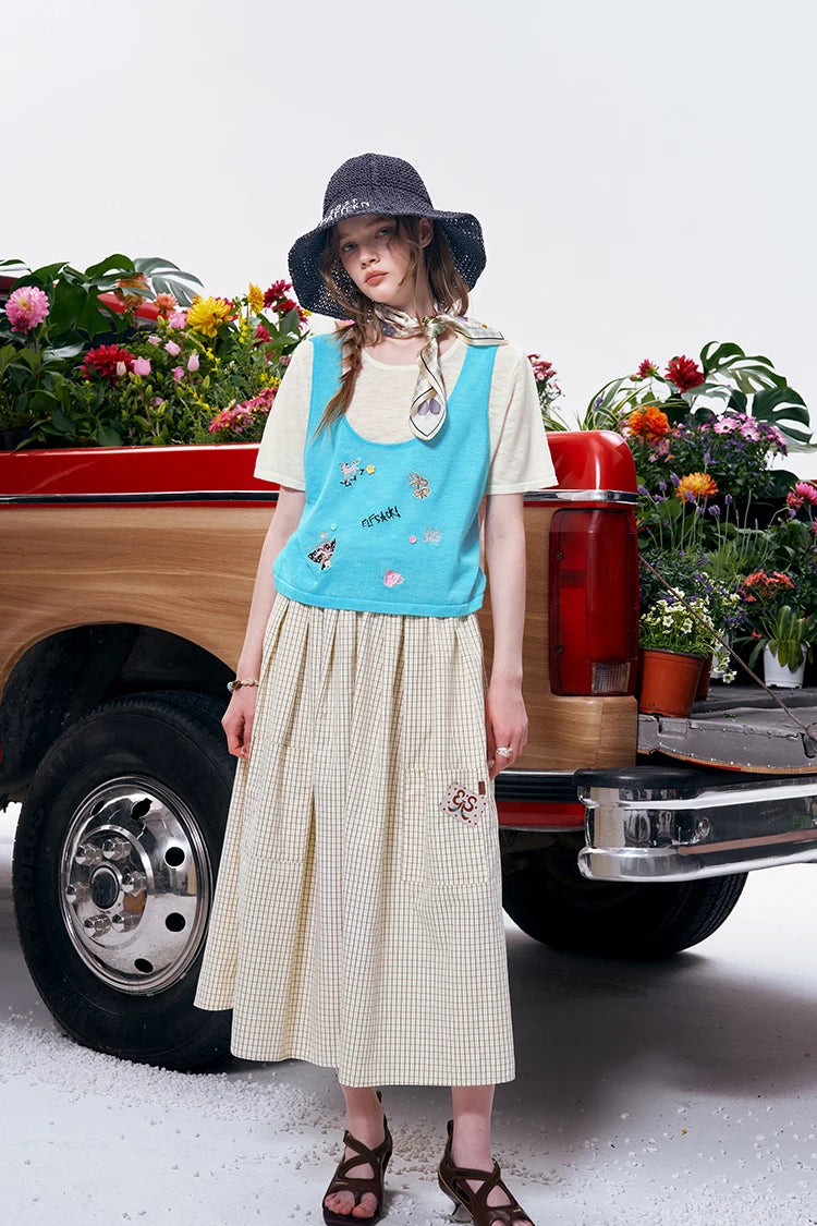 Women's Two Piece Knitwear, Cute Embroidered Tank Top + Short Sleeve T-Shirt, Casual Breathable Outfit for Daily