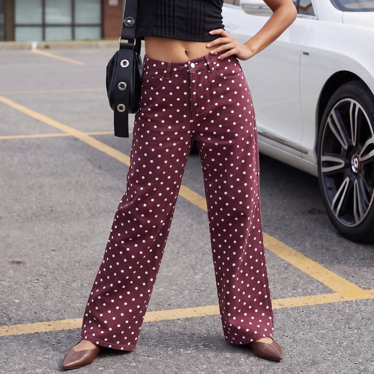Women High Waist Polka Dot Wide Leg Jeans Button Fly Loose Flared Denim Trousers Vintage Casual Streetwear Pants