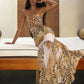 Sexy Fashion Long Dress Woman Leopard Print Lace-Up Halter Backless Sleeveless Shape Waist Ruffles Hem Elegant Vestidos