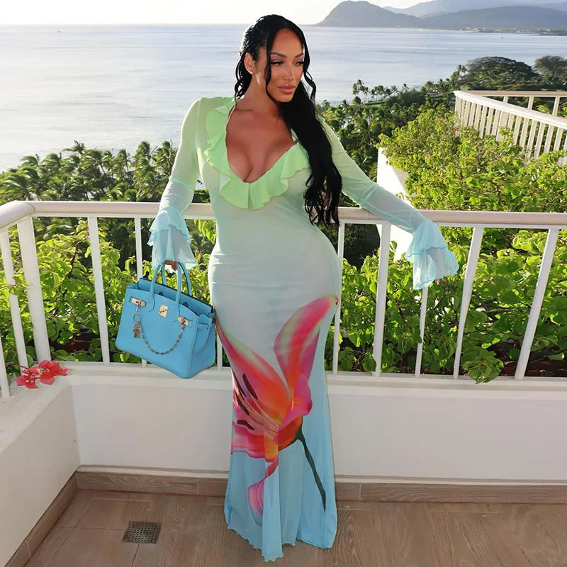 See Through Floral Gradient Mesh Dress Sexy Beach Vacation Outfits Ruffled Flare Sleeve Long Flowy Dresses