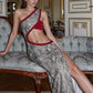 Women One Shoulder Snake Print Maxi Dress Ruffle Trim Cutout Waist High Split Sleeveless Bodycon Evening Party Dress