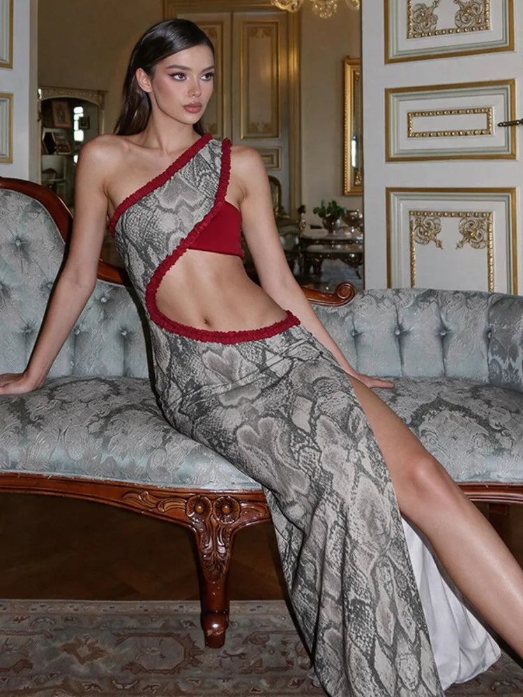 Women One Shoulder Snake Print Maxi Dress Ruffle Trim Cutout Waist High Split Sleeveless Bodycon Evening Party Dress