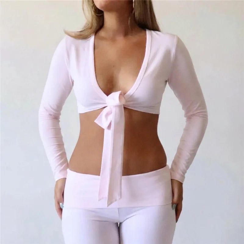 Y2K Women Deep V Neck Front Tie Knot Crop Top Long Sleeve Slim Fit Solid Cropped Blouse Casual Street Going Out Top