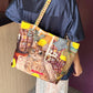 Women's Vintage Patchwork Canvas Tote Bag, Lace Bow Heart & Cat Print Large Capacity Shoulder Handbag