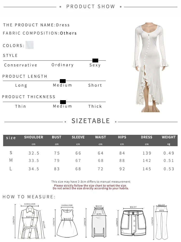 Elegant Women Dress Single-Breasted Irregular Split Ruffles Full Sleeve Autumn Trend Low-Neck Banquet Party Vestidos