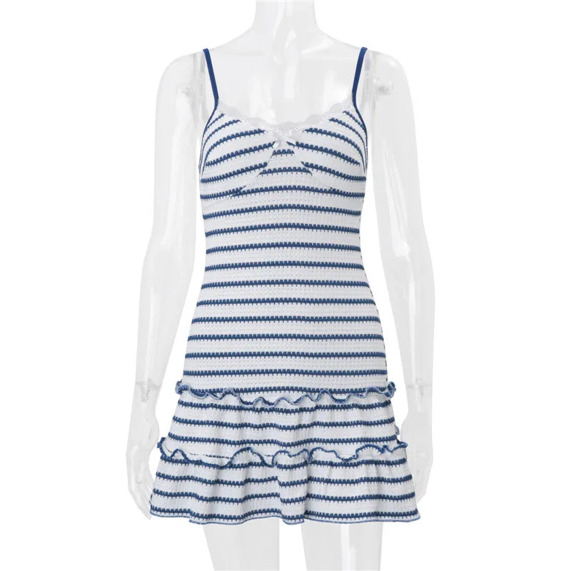 Women Striped Cami Mini Dress Lace Trim V Neck Bow Detail Ruffle Hem Spaghetti Strap Bodycon Short Dress Summer Beach