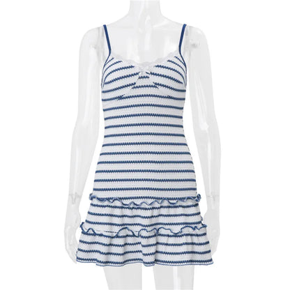 Women Striped Cami Mini Dress Lace Trim V Neck Bow Detail Ruffle Hem Spaghetti Strap Bodycon Short Dress Summer Beach