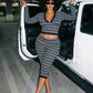 Striped Print 2 Piece Set Women Line Patchwork Trend V-Neck Full Sleeve T-Shirt+Capri Pants Fashion Chic Street Suits