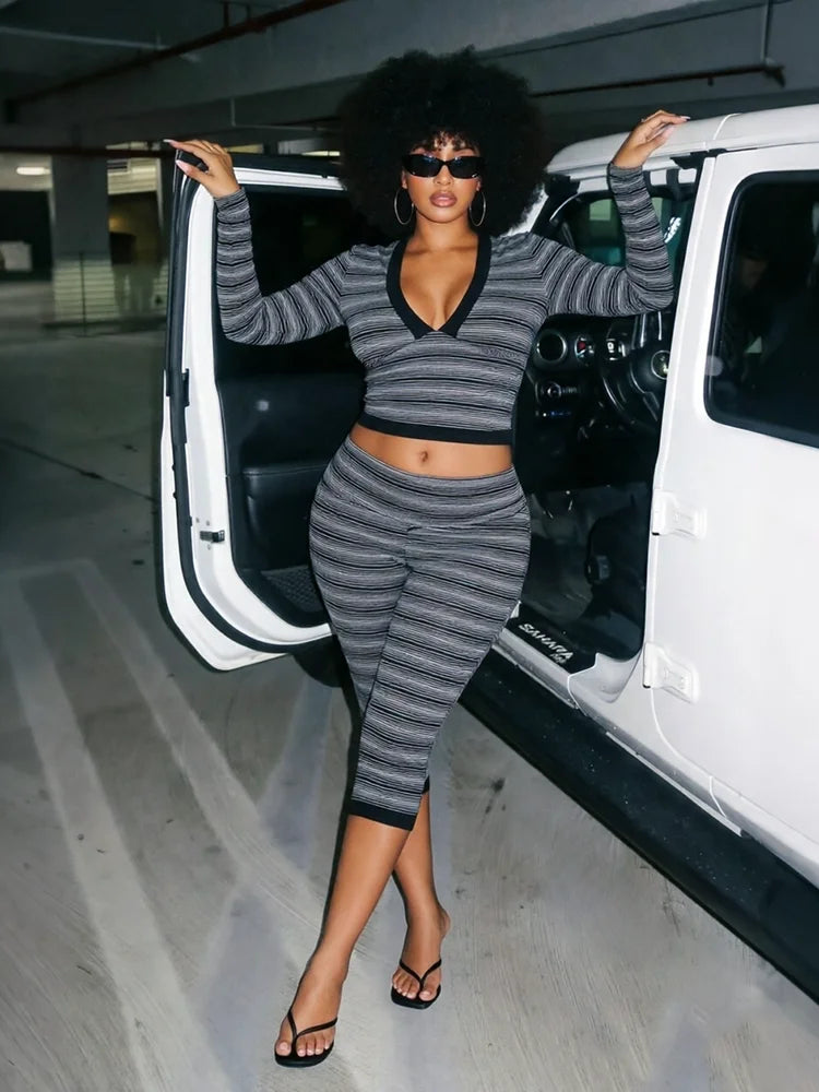 Striped Print 2 Piece Set Women Line Patchwork Trend V-Neck Full Sleeve T-Shirt+Capri Pants Fashion Chic Street Suits