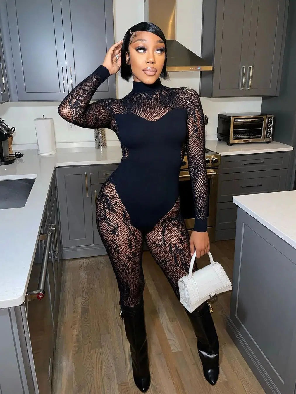 Sexy Hipster Jumpsuit Women Jacquard Coquette Patchwork Skinny Stretch Midnight Club Activity Button Workout Overalls