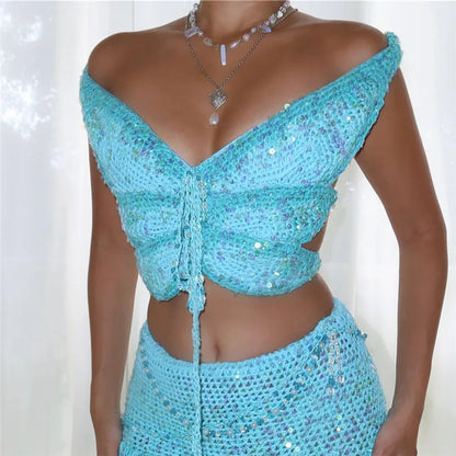 Women's Butterfly Shape Sequin Crochet Crop Top Sexy Off Shoulder Backless Tie Up Knit Top Y2K Rave Festival Outfit
