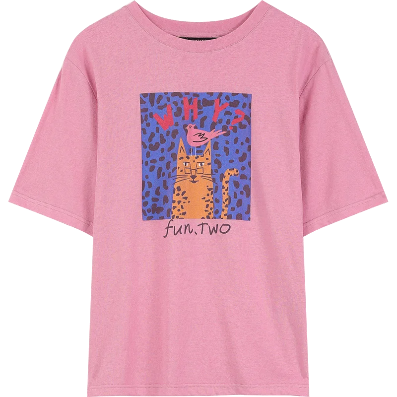 Cartoon Cat Print T-Shirt for Women, Cute Graphic Tee with Fun Text Detail, Casual Pink Summer Top for Daily Outfits