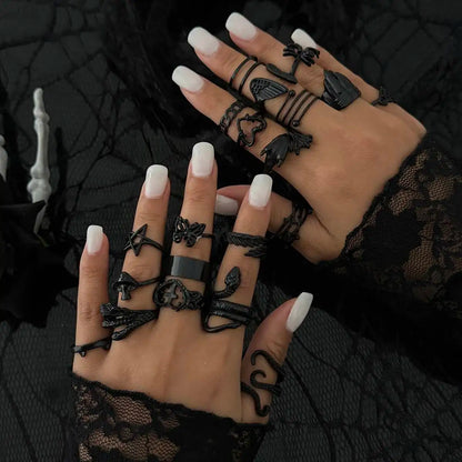 Gothic Black Open Rings Set 20 Pcs Trendy Hollow Star Heart Design with Spider Butterfly & Snake Shapes for Halloween Jewelry