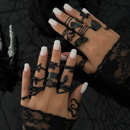 Gothic Black Open Rings Set 20 Pcs Trendy Hollow Star Heart Design with Spider Butterfly & Snake Shapes for Halloween Jewelry