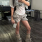 Zipper Pocket Short Women Belt Buckle Decoration Elastic Waist Folds Leisure Hip-Hop Style Hottie Fashion Streetwear