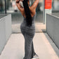 Sleeveless Halter Ruched Maxi Dress Women Sexy Elegant Deep V-neck Lace Up Backless Bodycon Solid Robe Partywear Vestido