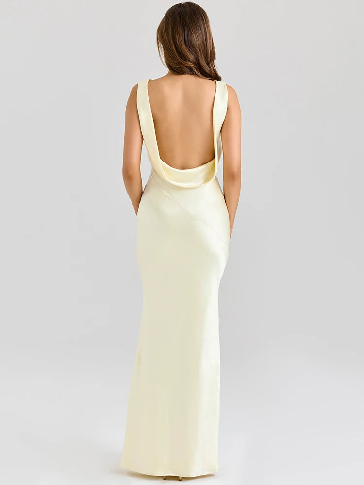 Satin Backless Draped Sexy Maxi Dress Women Fashion Cowl Neck Sleeveless High Waist Club Party Long Dress Female New
