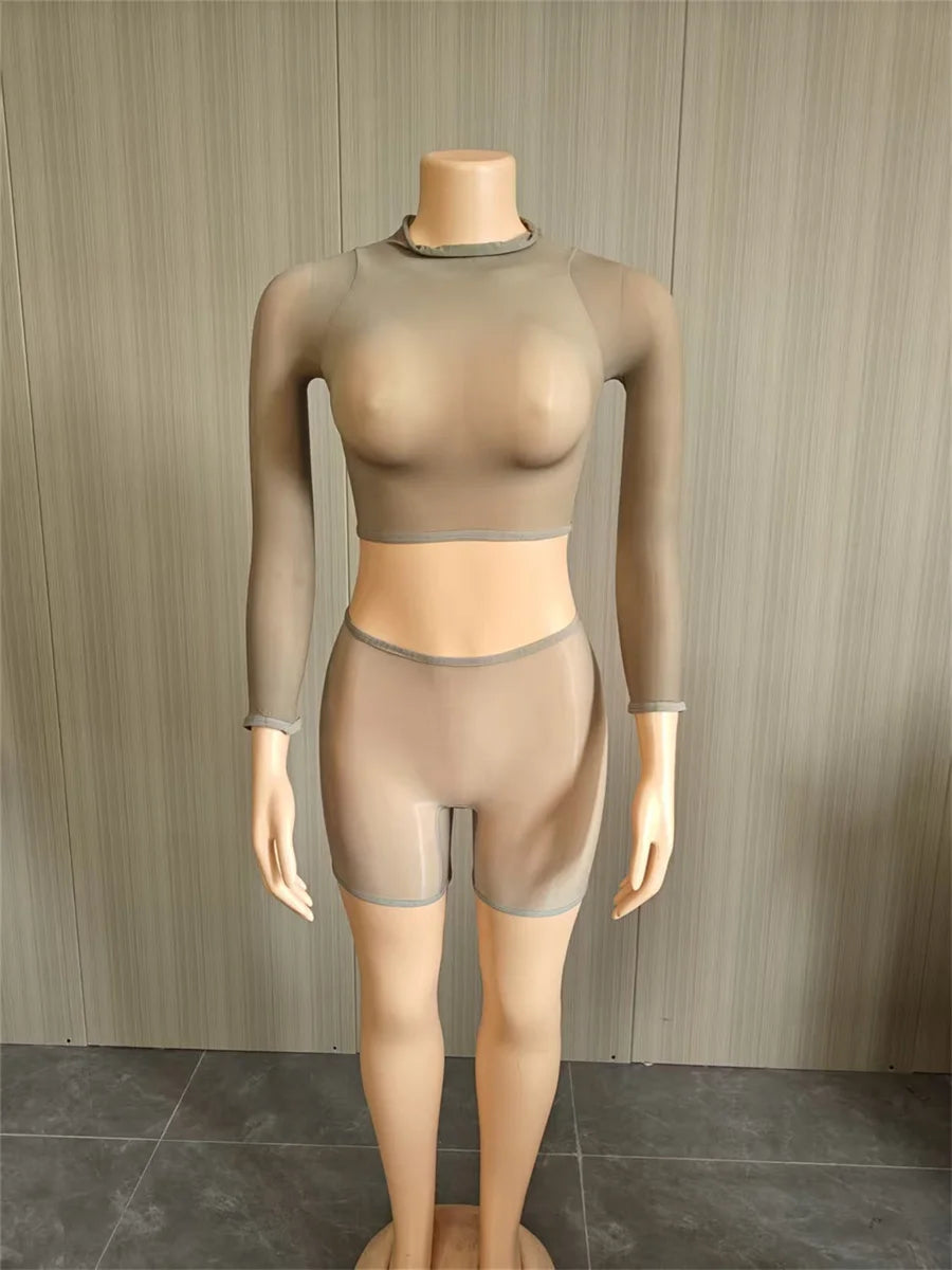 Wild See Through 2 Piece Set Women Sexy Turtleneck Full Sleeve Crop T-Shirt+Bike Shorts Midnight Street Club Suits