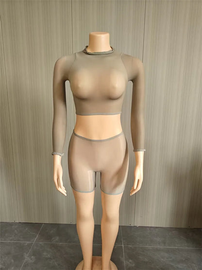 Wild See Through 2 Piece Set Women Sexy Turtleneck Full Sleeve Crop T-Shirt+Bike Shorts Midnight Street Club Suits