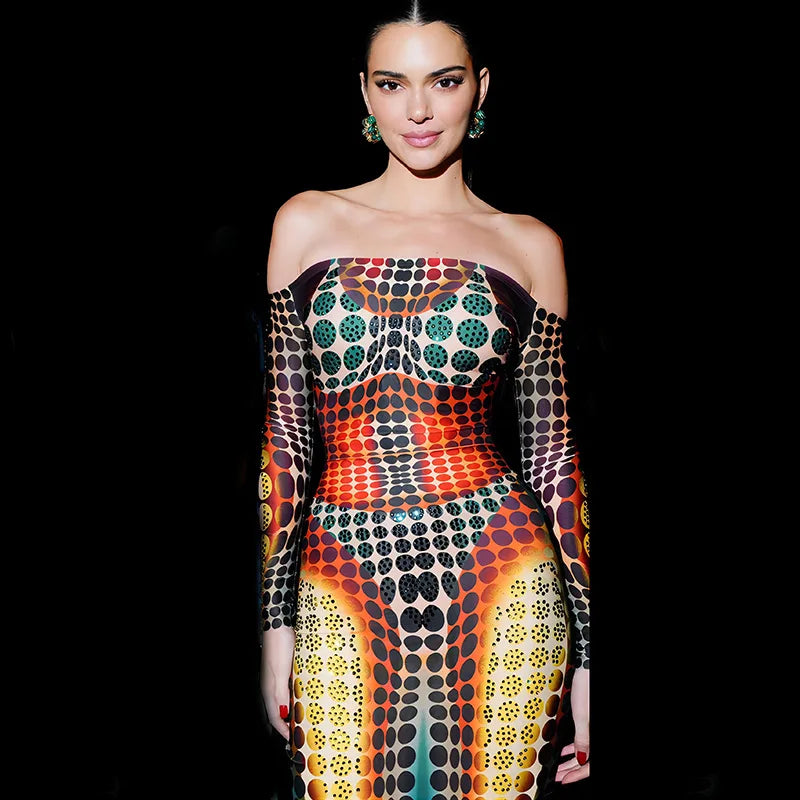 3D Polka Dot Print Maxi Dress Sexy Women Party Outfits Off The Shoulder Falre Hem Long Sleeve Bodycon Dresses
