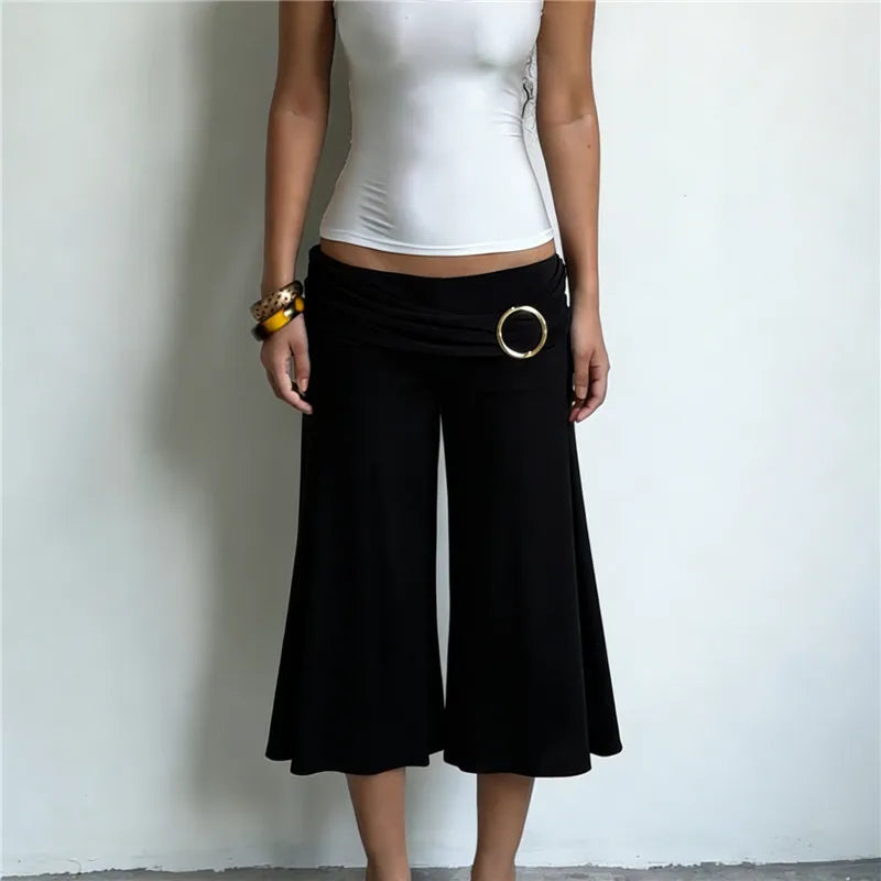 Women Metal Ring Ruched Waist Culottes Low Waist Wide Leg Cropped Pants Solid Color Flared Trousers Casual Streetwear