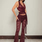 Jacquard Women 2 Piece Set Thin Summer Trend Backless Bandage Cross Tank Tops+Skirts Pants Matching Clubwear Outfits