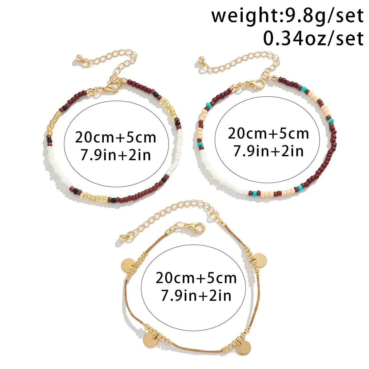 3Pcs/Set Bohemian Rice Beads Anklets for Women Vintage Trend Round Sequin Feet Chain Summer Beach Barefoot Jewelry Accessories