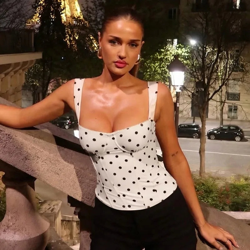 Polka Dot Square Neck Sleeveless Crop Top Vintage Sexy Tight Fitted Tank Tops Summer 2026 Woman Clothing