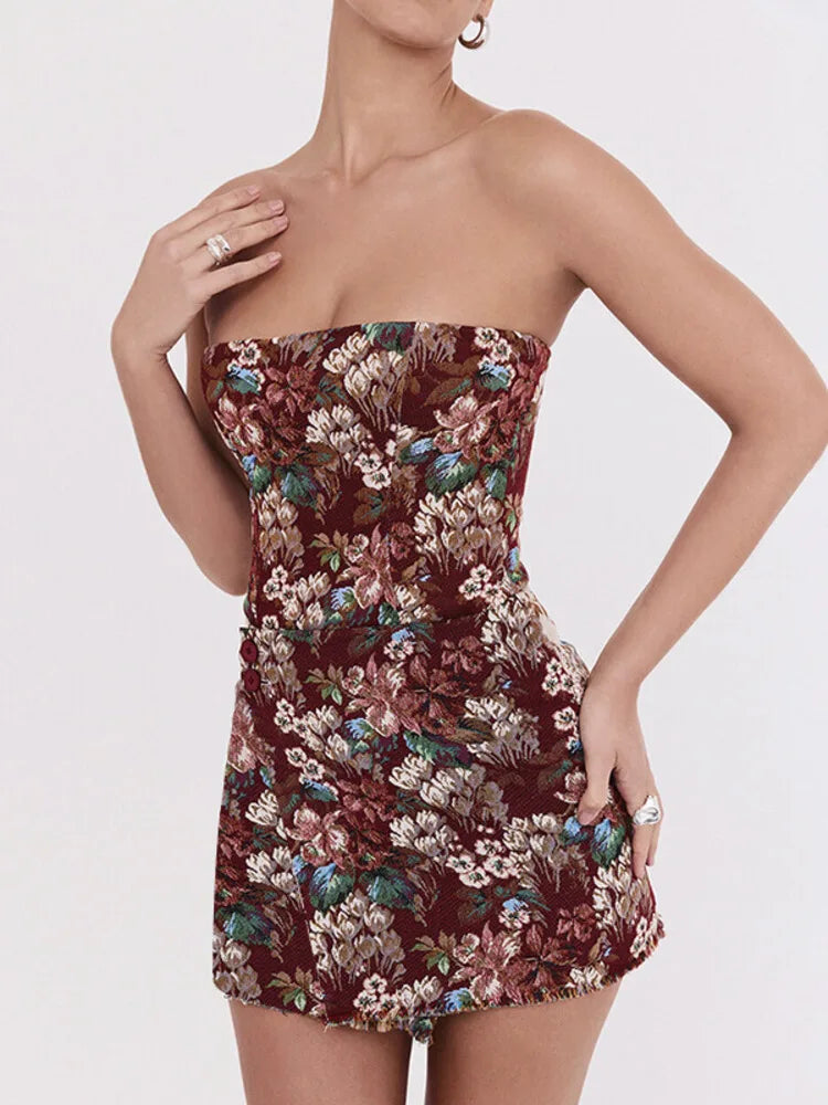 Off-shoulder Backless Print Mini Dress For Women Robe Fashion Strapless Sleeveless Bodycon Club Party Printed Dress