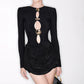 Velvet Patchwork Dress Women Y2K Sexy Sequined Hollow Long Sleeve Simple Office Elegant Commute Stretch Mini Bodycon