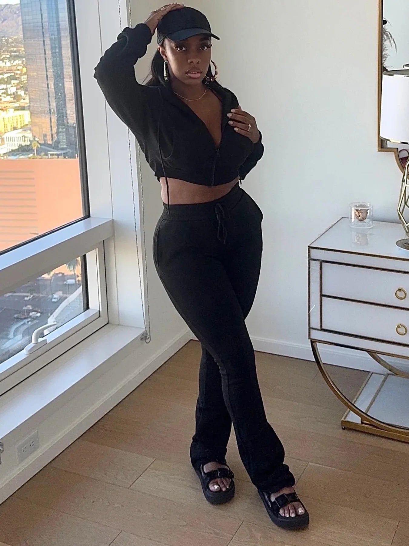 Casual Simple Women 2 Piece Set Pocket Hooded Zip Crop Jacket+Pants Sporty Matching Streetwear Skinny Basic Outfits