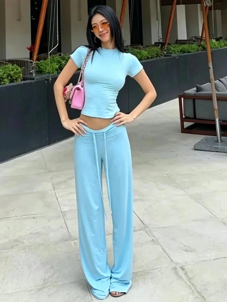 Casual Simple Style 2 Piece Set Woman Summer Trend o-Neck Short Sleeve T-Shirts+Drawstring Straight Pants Streetwear