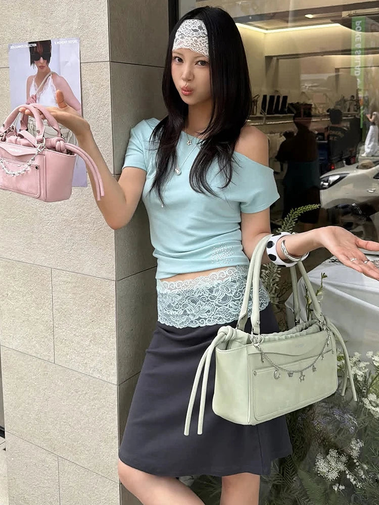 Chic 2-Piece Set Women Slanted Shoulders Rhinestone Decoration t-Shirt+Patchwork Lace Skirt Daily Fashion Leisure Suit