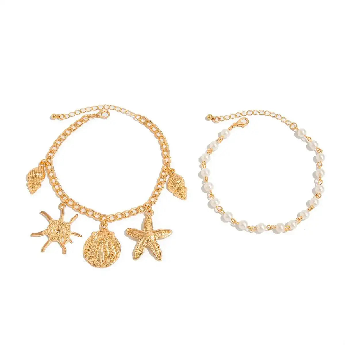 2Pcs/Set Summer Beach Barefoot Charm Anklets Women Bohemia Imitation Pearl Starfish Conch Pendant Foot Chain Jewelry