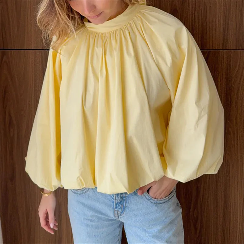 Women Backless Bow Tie Blouse Stand Collar Puff Long Sleeve Pleated Loose Cropped Shirt Solid Casual Daily Going Out Top