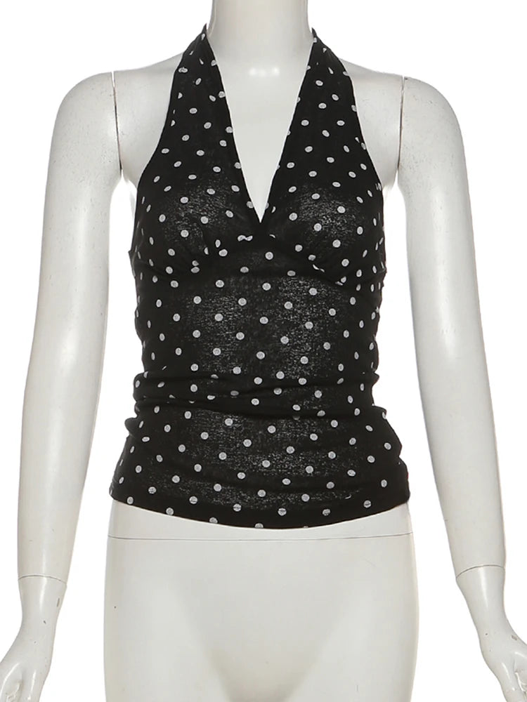 See Through Tank Tops Women V-Neck Halter Bandage Backless Polka Dot Print Street Sexy Daily Skinny Basic Wild Vest