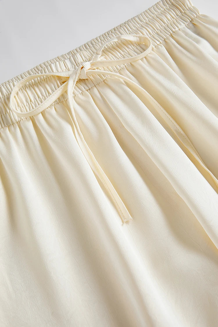 Women's High Waist Drawstring Satin Wide Leg Pants, Casual Loose Fit Solid Color Trousers, Elegant Silky Summer Bottoms