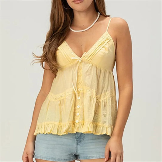 Sexy Sweet Babydoll Cami Top V Neck Lace Trim Spaghetti Strap Ruffle Hem Flowy Blouse Date Night Elegant Summer Outfits