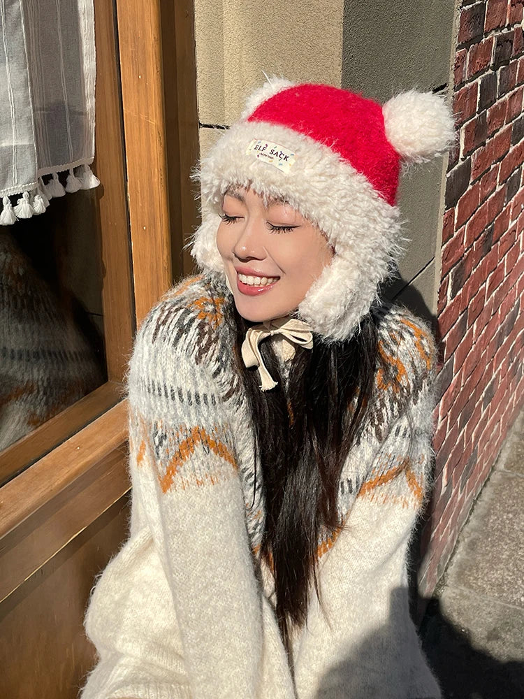 Y2K Cute Plush Hat Ear Flap Solid Tie Beanie For Women