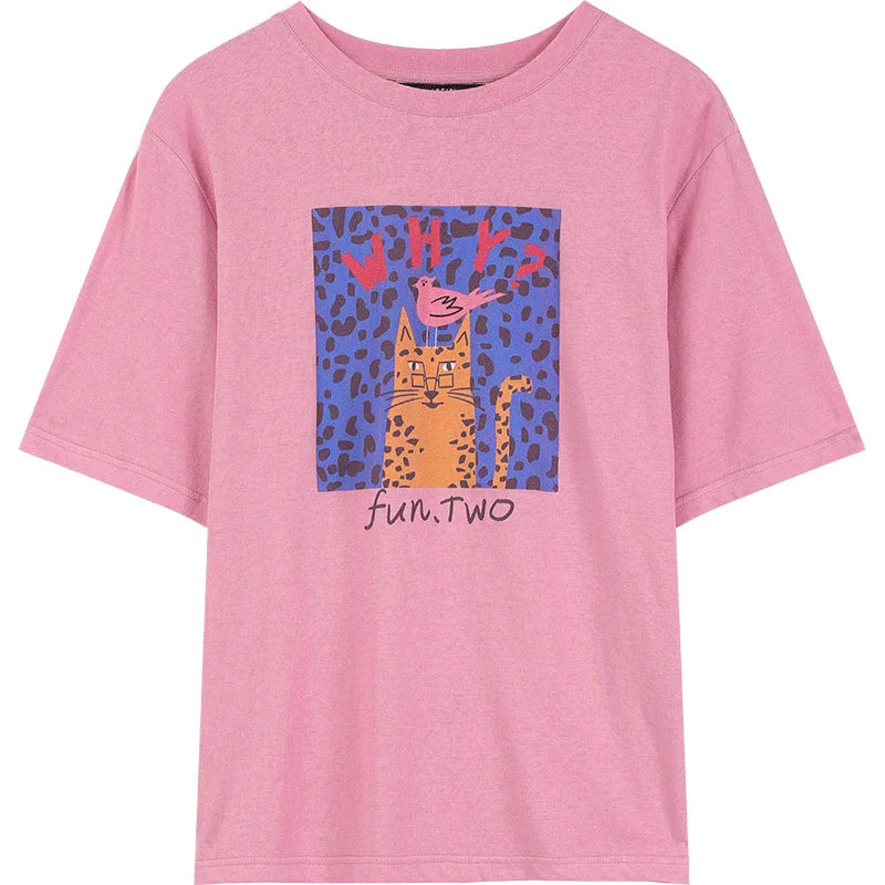 Cartoon Cat Print T-Shirt for Women, Cute Graphic Tee with Fun Text Detail, Casual Pink Summer Top for Daily Outfits