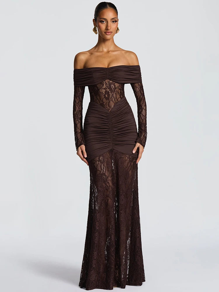 Off-shoulder Long Sleeve Sexy Maxi Dress Women Fashion Lace See Through Strapless Backless Bodycon Club Party Dresses
